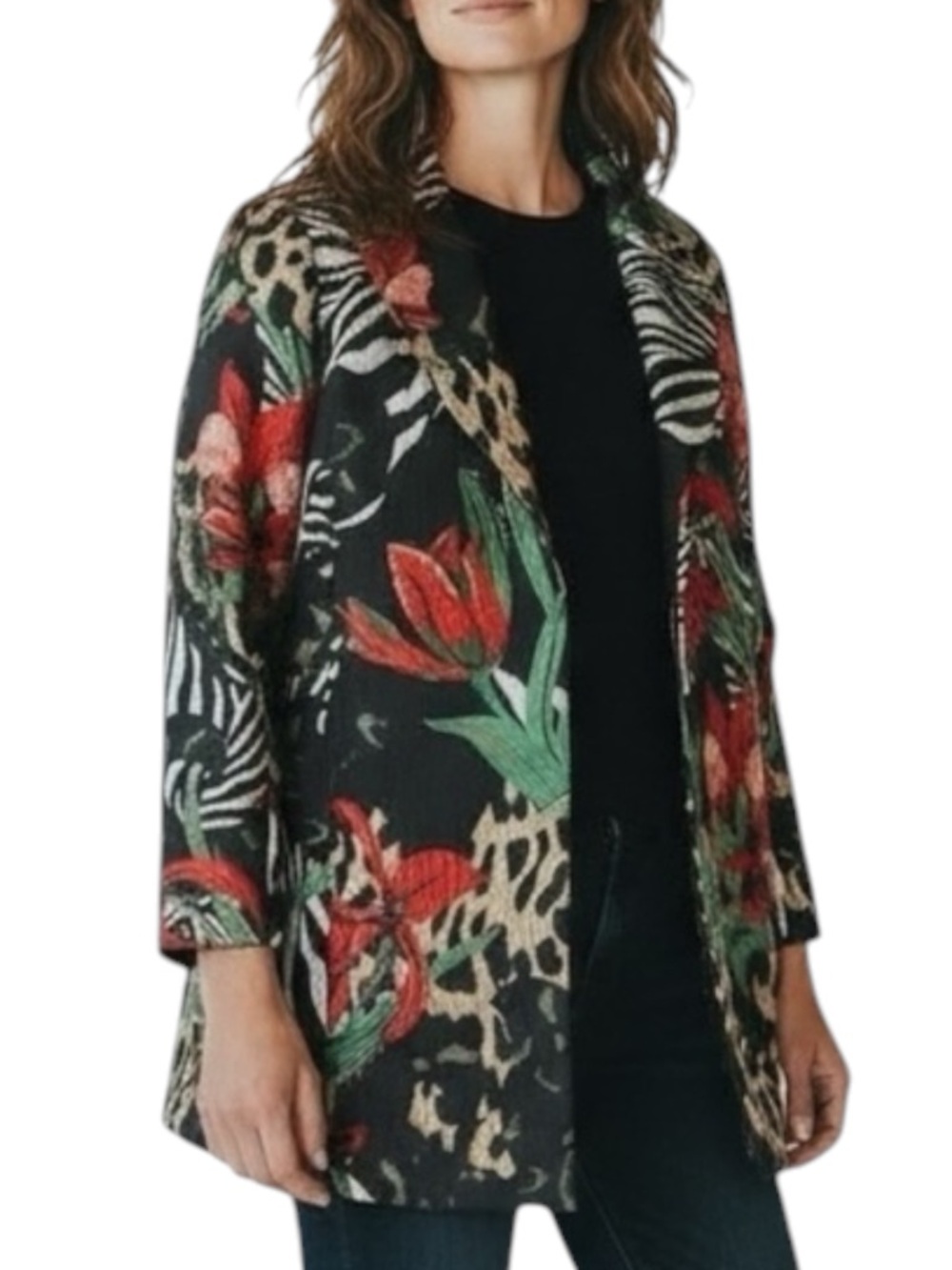 CHICO’s Tropical Tapestry Embroidery Long Blazer in Black/Red/Gold Size 3 (16)